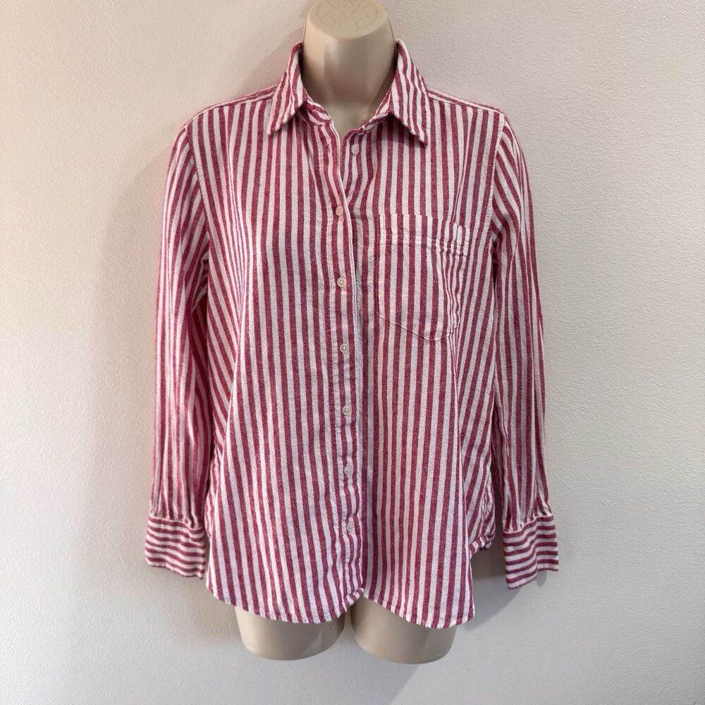 Banana Republic Shirt XS Linen Blend Button Front S Raspberry Red White Stripe